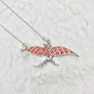 Silvertone Red-orange Mockingbird Pendant Necklace